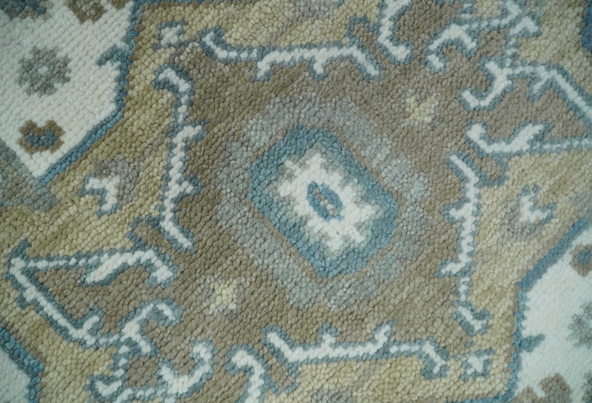 Teal And Ivory Hand Knotted Traditional Heriz Wool Area Rug