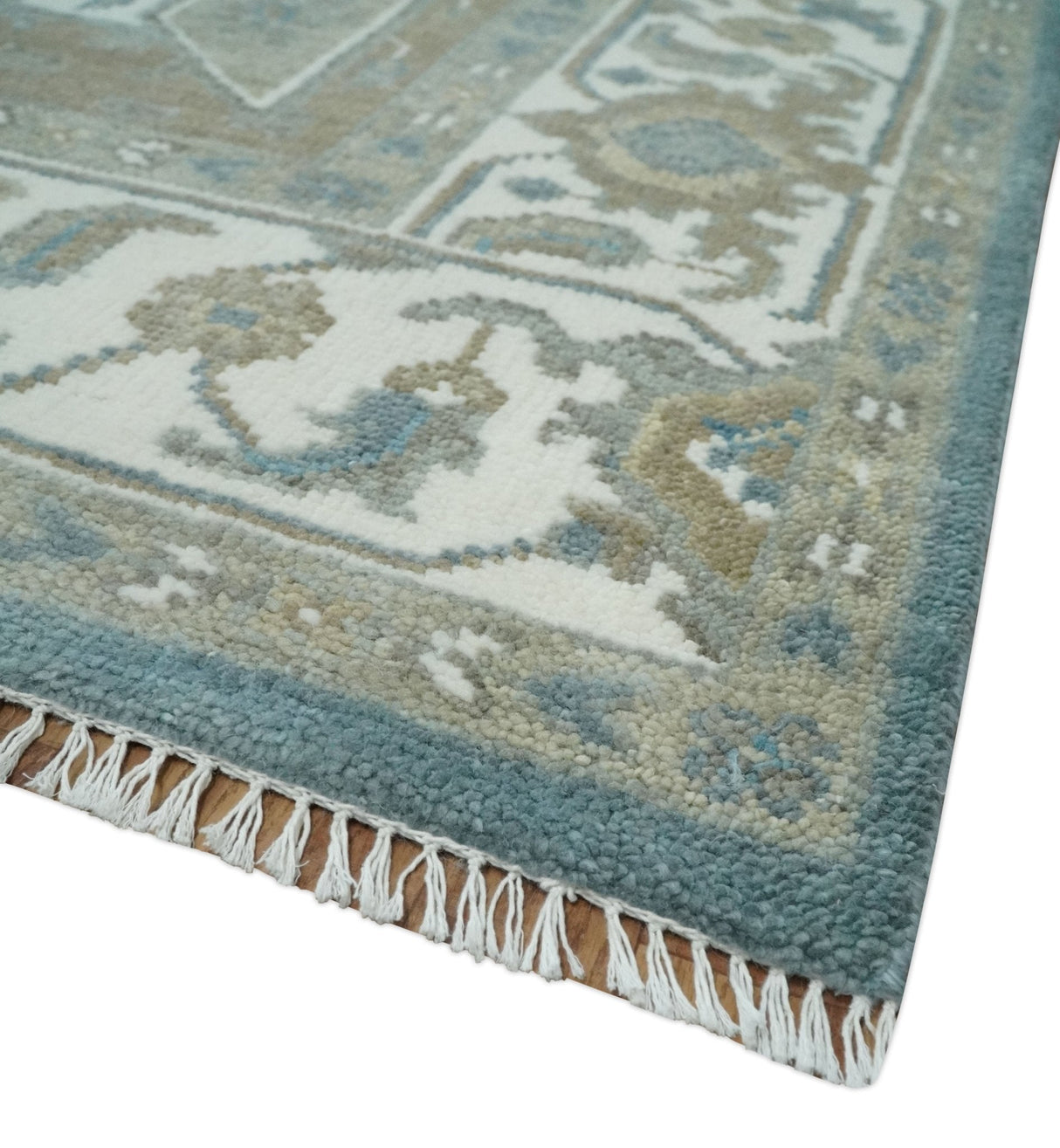 Teal And Ivory Hand Knotted Traditional Heriz Wool Area Rug