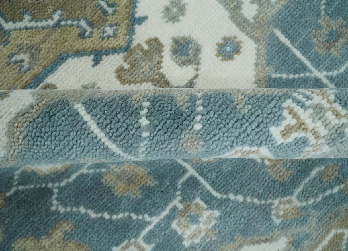 Teal And Ivory Hand Knotted Traditional Heriz Wool Area Rug