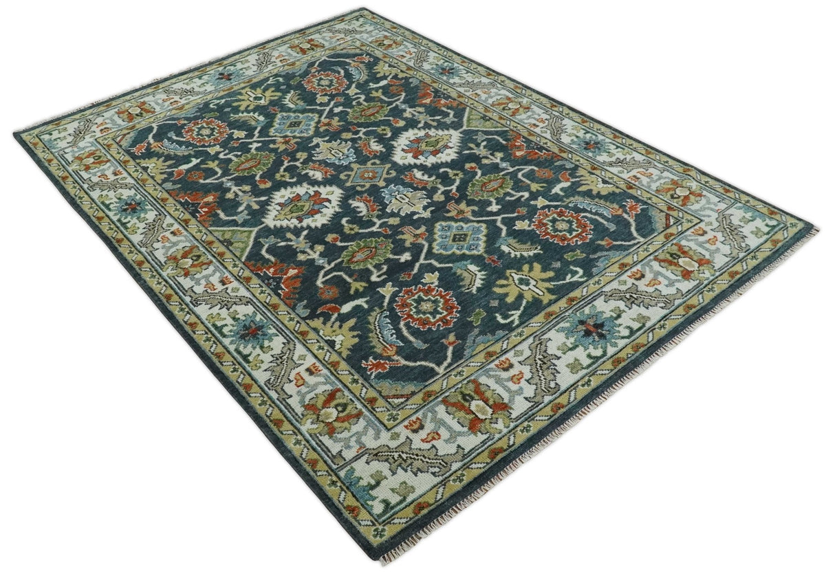 Teal and Ivory Traditional Oriental Oushak Custom Made Hand Knotted Wool Area Rug