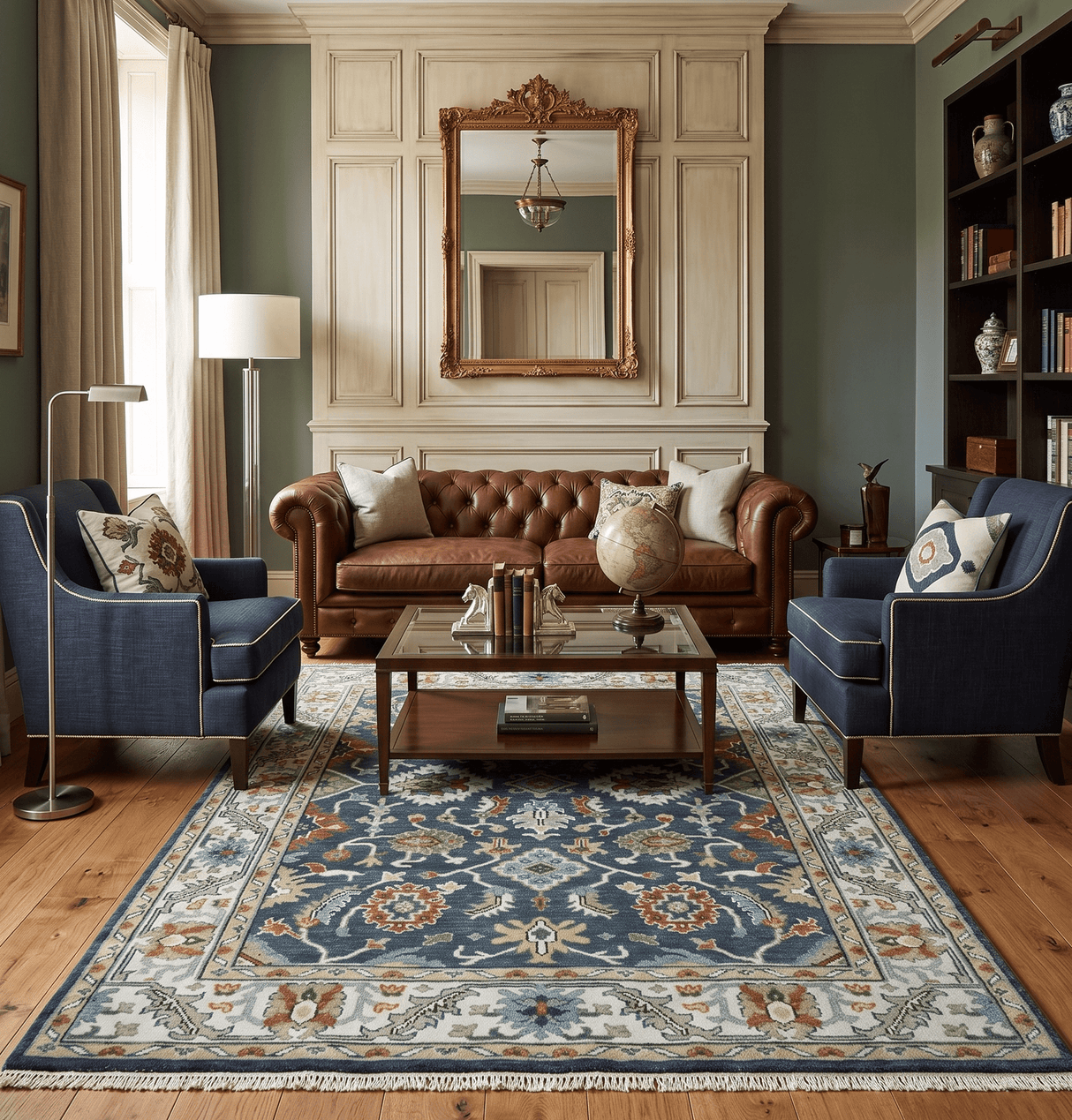 Teal and Ivory Traditional Oriental Oushak Custom Made Hand Knotted Wool Area Rug