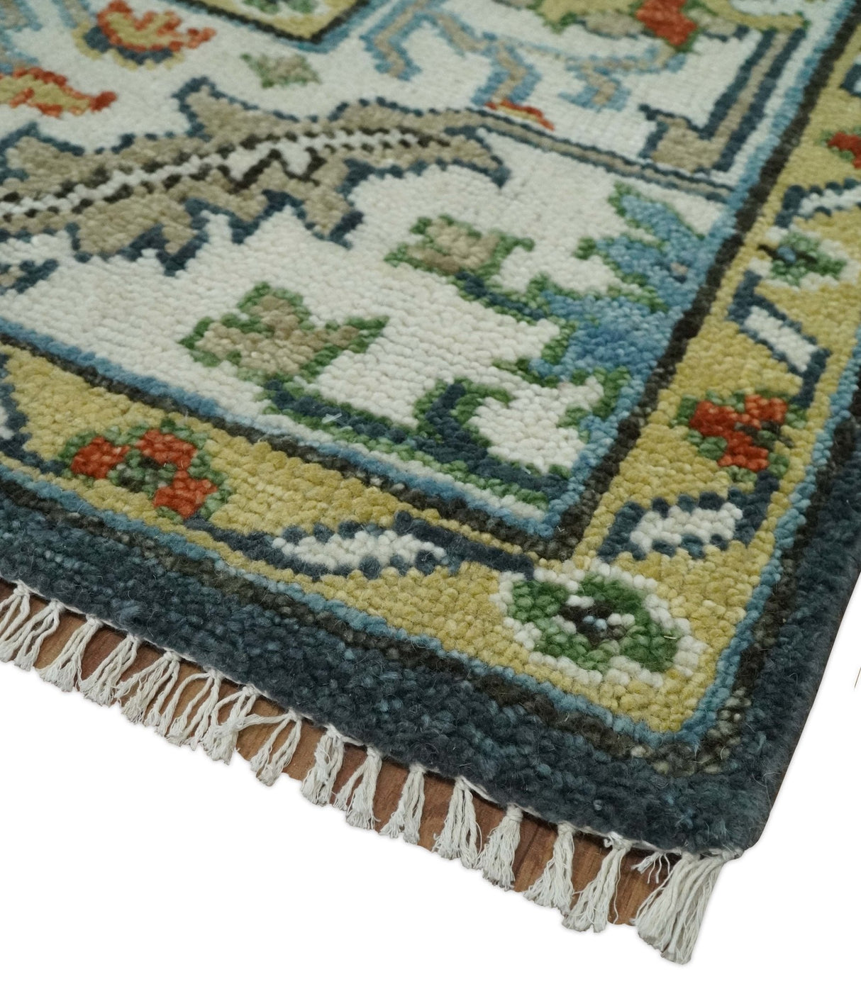 Teal and Ivory Traditional Oriental Oushak Custom Made Hand Knotted Wool Area Rug