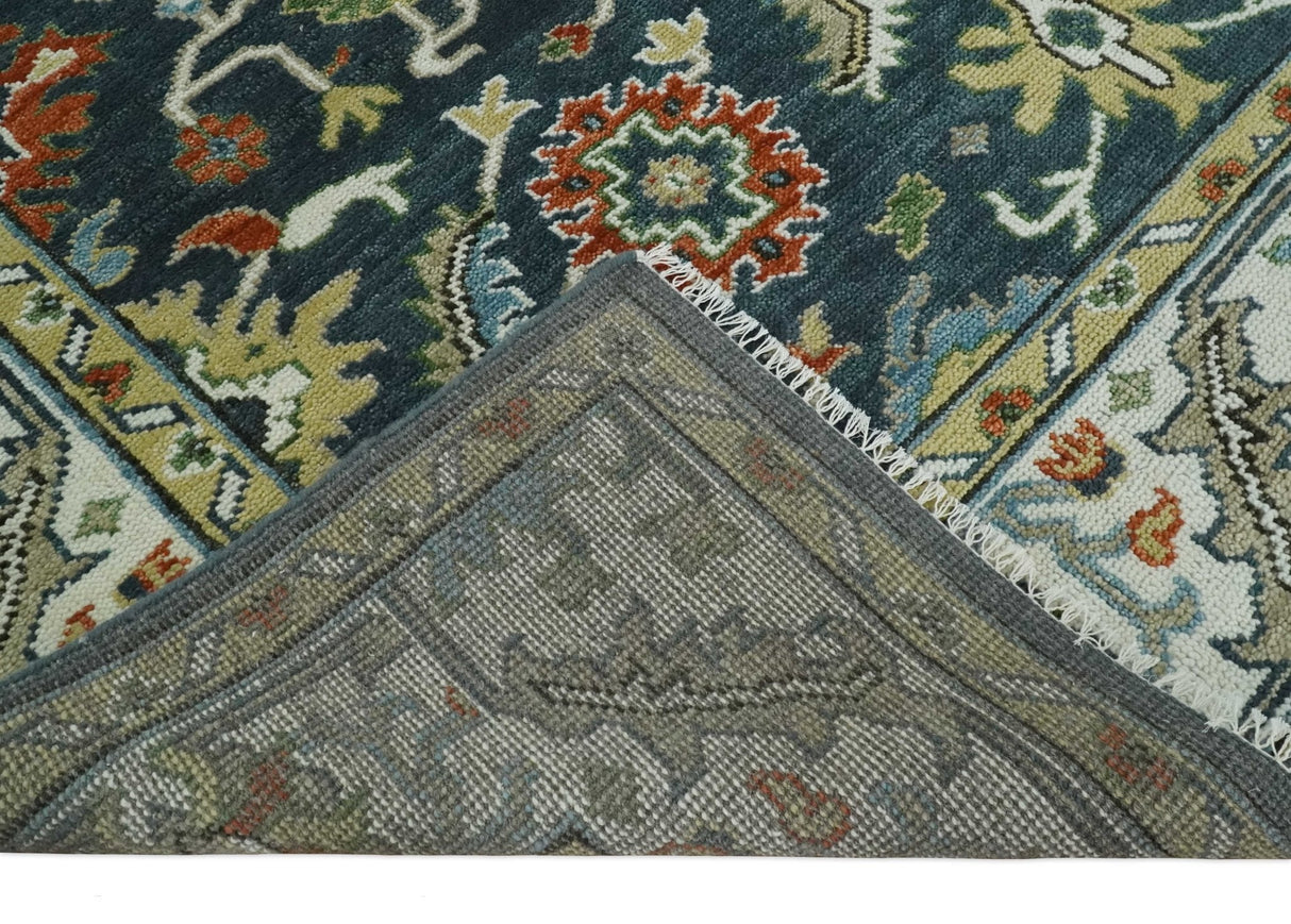 Teal and Ivory Traditional Oriental Oushak Custom Made Hand Knotted Wool Area Rug