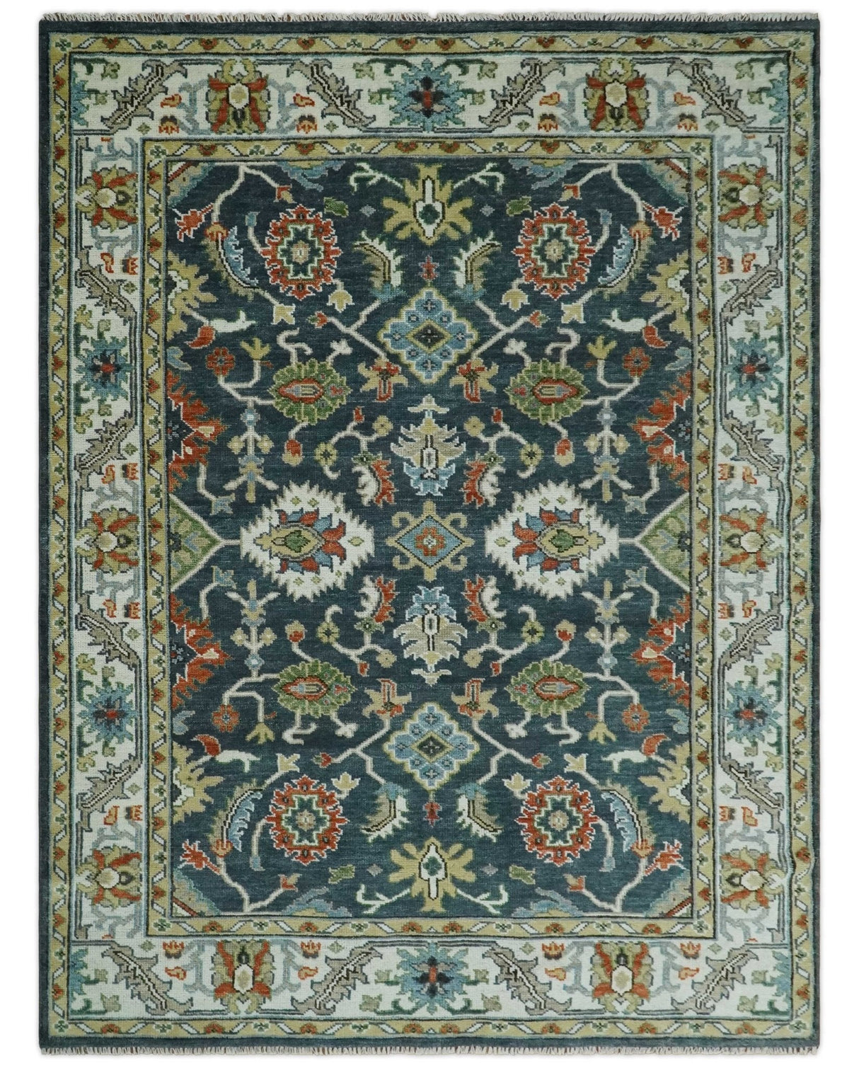 Teal and Ivory Traditional Oriental Oushak Custom Made Hand Knotted Wool Area Rug