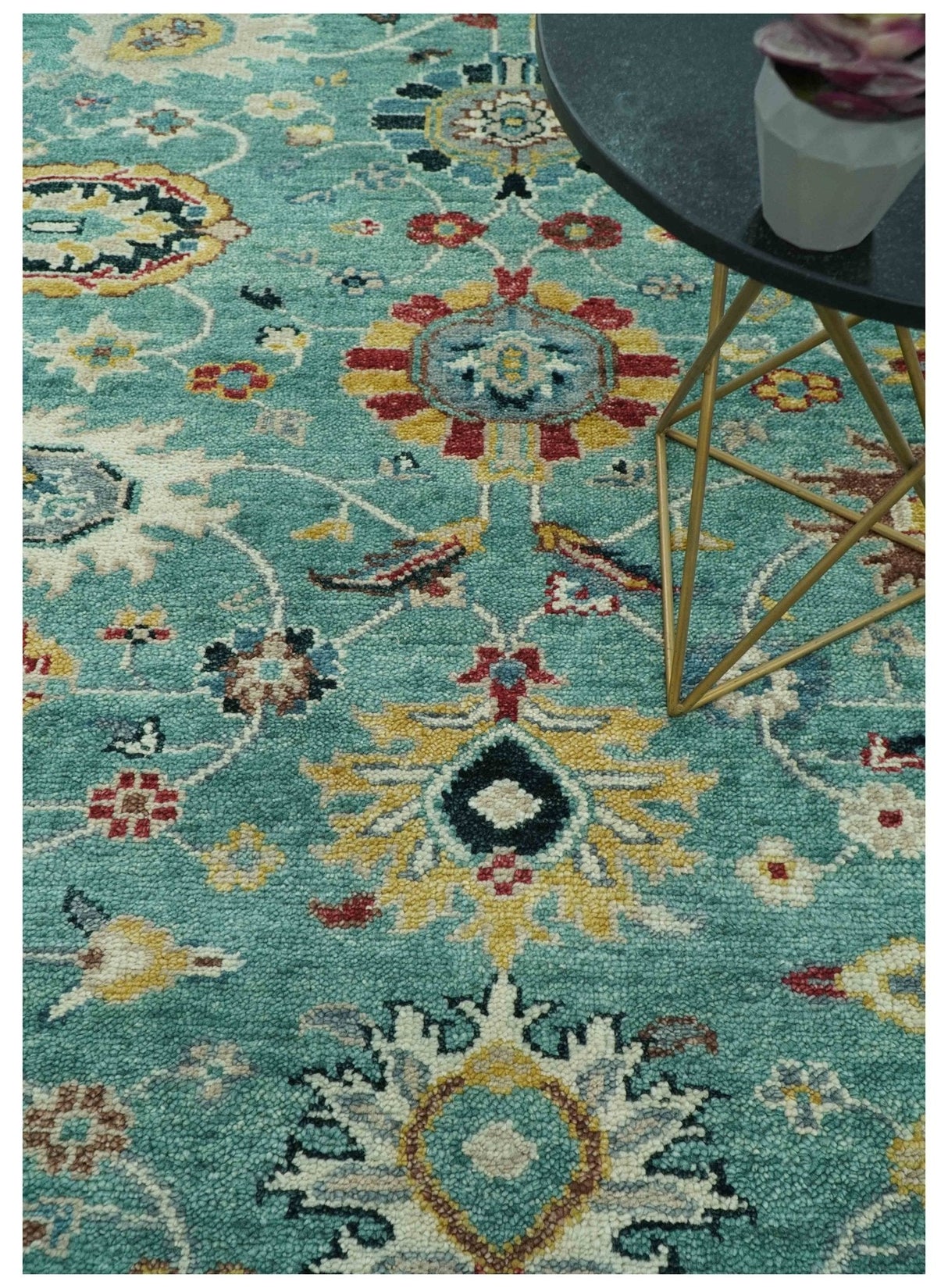 Teal And Yellow Modern Oushak Style Hand Knotted Custom Made Wool Rug