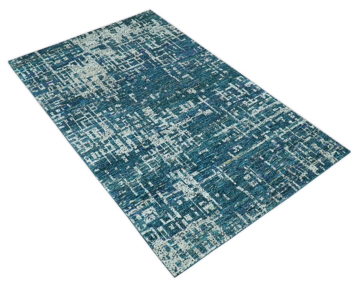 Teal, Blue and Silver 5x8 Hand Knotted Modern Abstract Art Silk Area Rug-Area Rug-Parc Decor