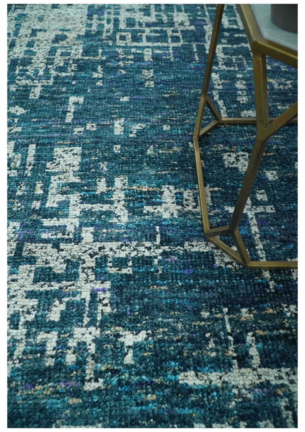 Teal, Blue and Silver 5x8 Hand Knotted Modern Abstract Art Silk Area Rug-Area Rug-Parc Decor