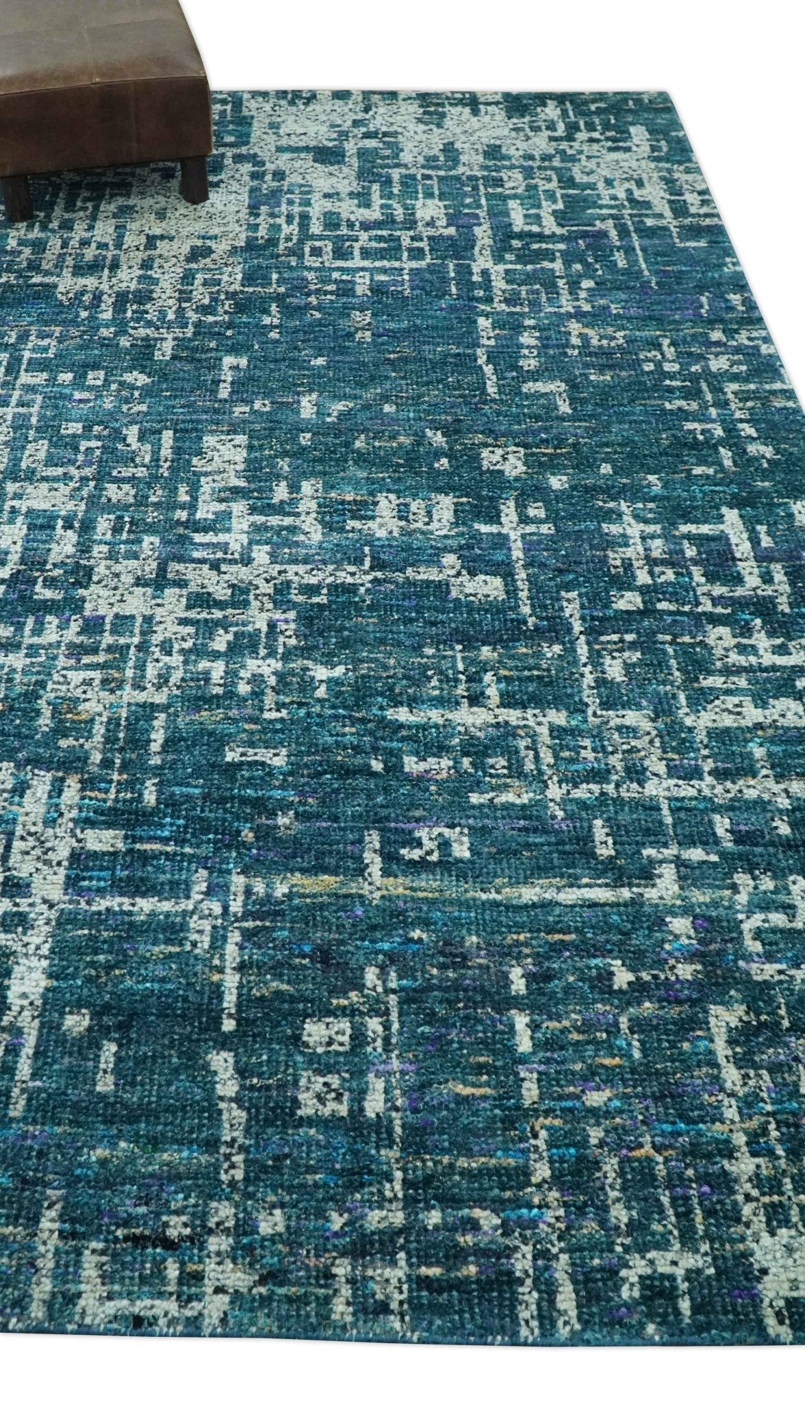 Teal, Blue and Silver 5x8 Hand Knotted Modern Abstract Art Silk Area Rug-Area Rug-Parc Decor