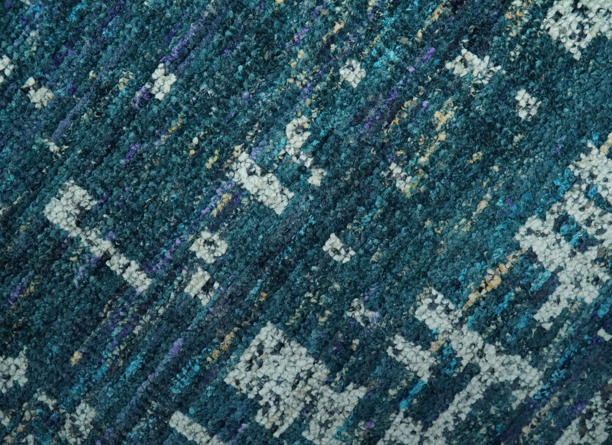 Teal, Blue and Silver 5x8 Hand Knotted Modern Abstract Art Silk Area Rug-Area Rug-Parc Decor