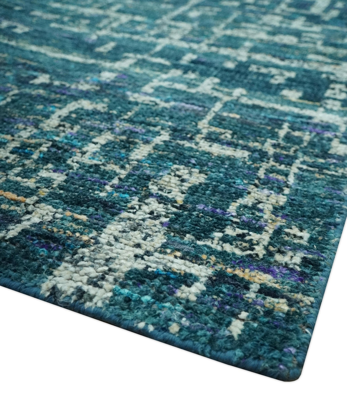 Teal, Blue and Silver 5x8 Hand Knotted Modern Abstract Art Silk Area Rug-Area Rug-Parc Decor
