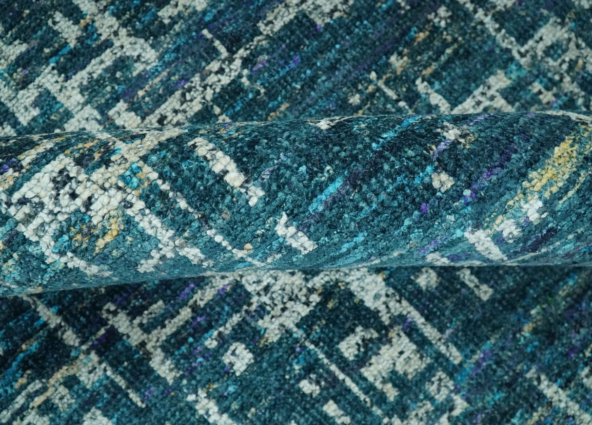 Teal, Blue and Silver 5x8 Hand Knotted Modern Abstract Art Silk Area Rug-Area Rug-Parc Decor