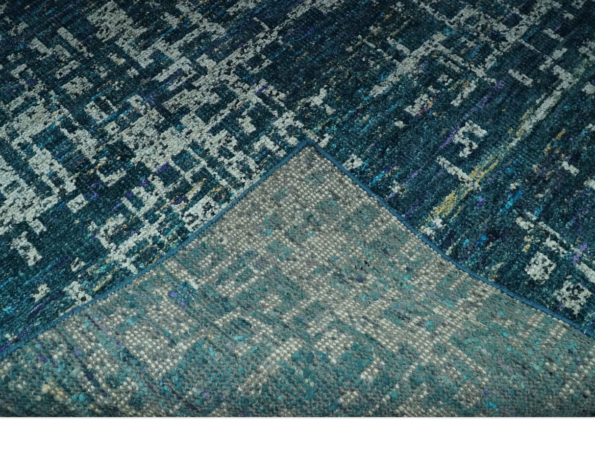 Teal, Blue and Silver 5x8 Hand Knotted Modern Abstract Art Silk Area Rug-Area Rug-Parc Decor