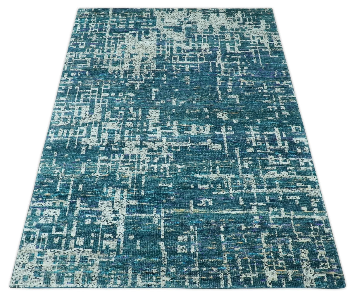 Teal, Blue and Silver 5x8 Hand Knotted Modern Abstract Art Silk Area Rug-Area Rug-Parc Decor