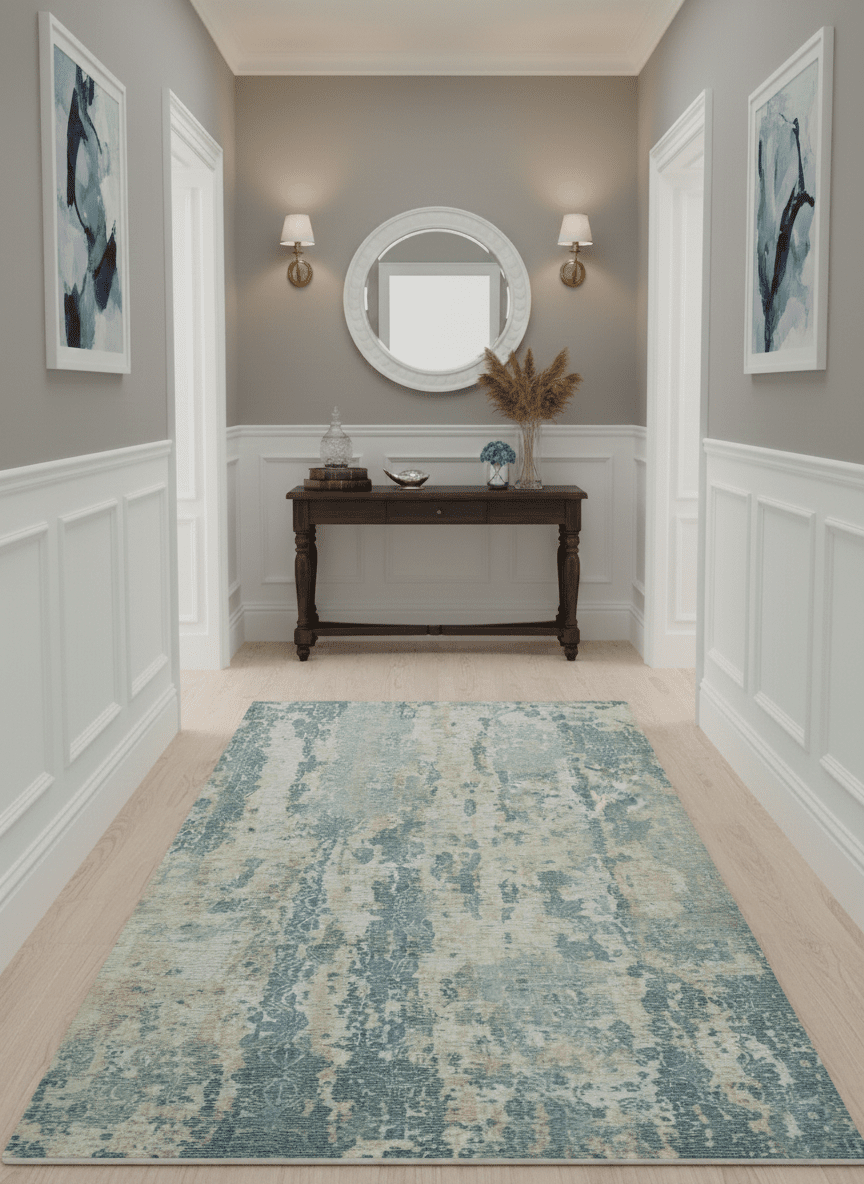 Teal, Gold and Ivory Modern Abstract 5x8 Hand loom wool and Viscose Area Rug