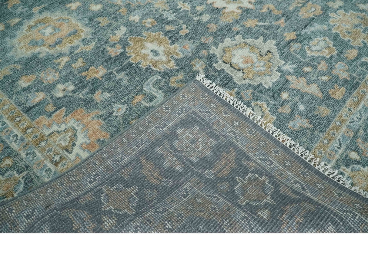 Teal, Olive and Silver Antique Style Hand knotted 8x10 Oushak wool Area Rug
