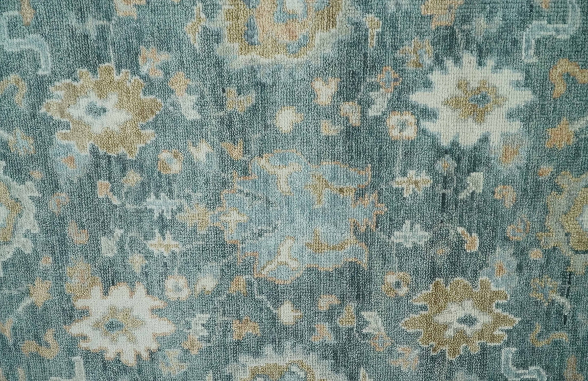 Teal, Olive and Silver Antique Style Hand knotted 8x10 Oushak wool Area Rug