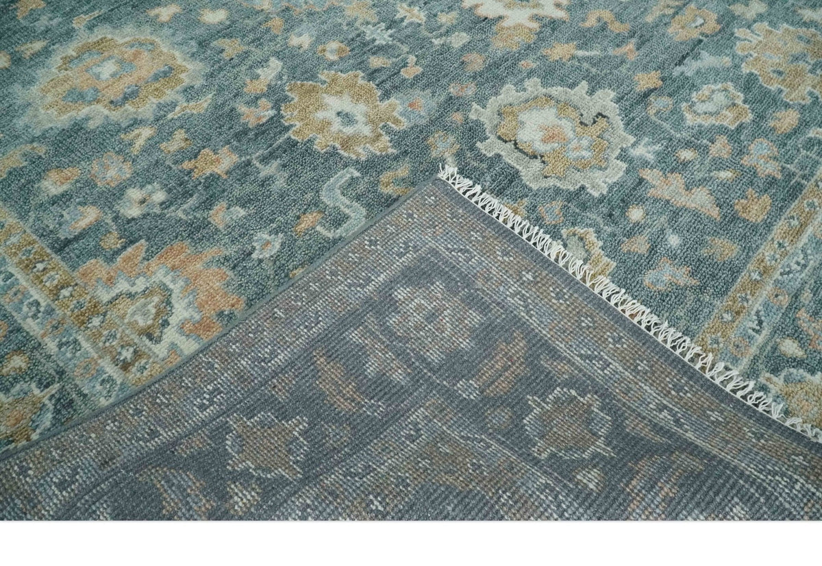 Teal, Olive and Silver Antique Style Hand knotted 8x10 Oushak wool Area Rug