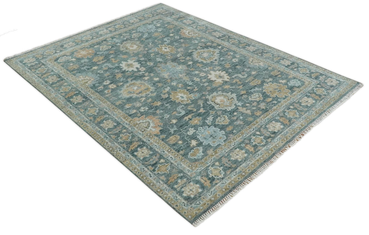 Teal, Olive and Silver Antique Style Hand knotted 8x10 Oushak wool Area Rug