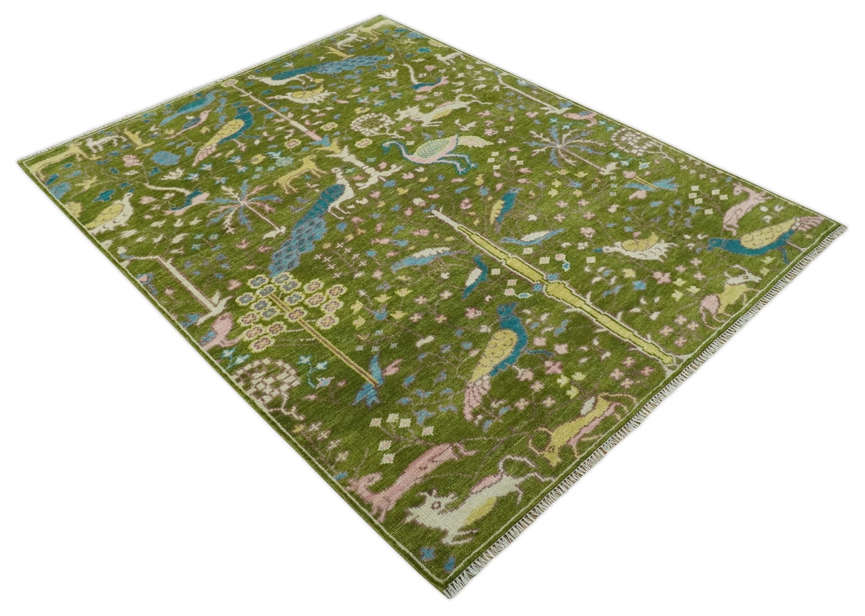 The Green Jungle Life Teal and Peach Peacock Bird Hand Knotted 8x10 Wool Area Rug