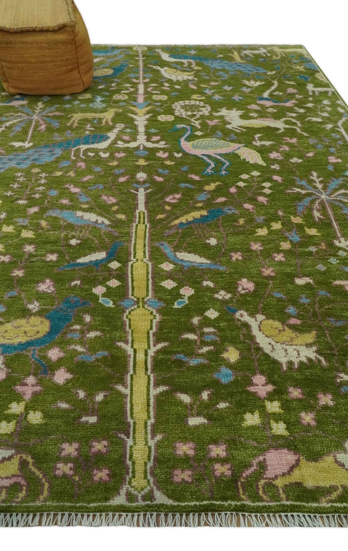 The Green Jungle Life Teal and Peach Peacock Bird Hand Knotted 8x10 Wool Area Rug