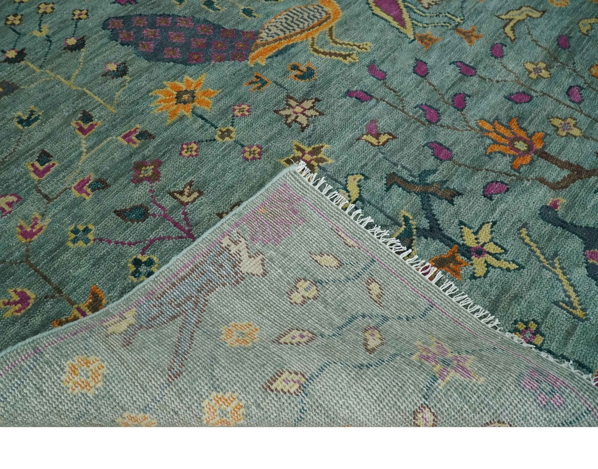 The Jungle Life Peacock on tree Rug Hand Knotted Multi Size Green Wool Rug