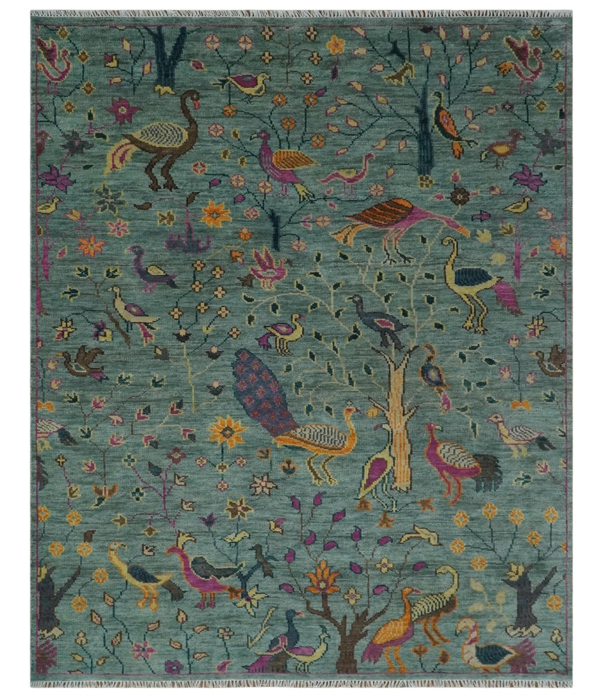 The Jungle Life Peacock on tree Rug Hand Knotted Multi Size Green Wool Rug