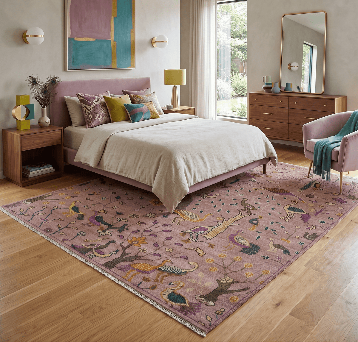 The Jungle Life Peacock on tree Rug Hand Knotted Multi Size Peach Wool Rug
