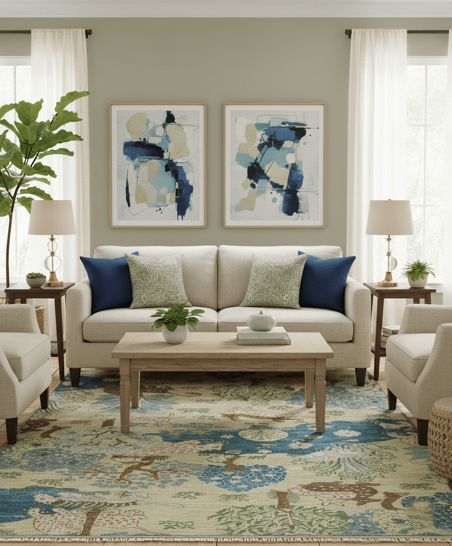 The Jungle Pond Custom Made Blue And Beige Hand Knotted Wool Area Rug