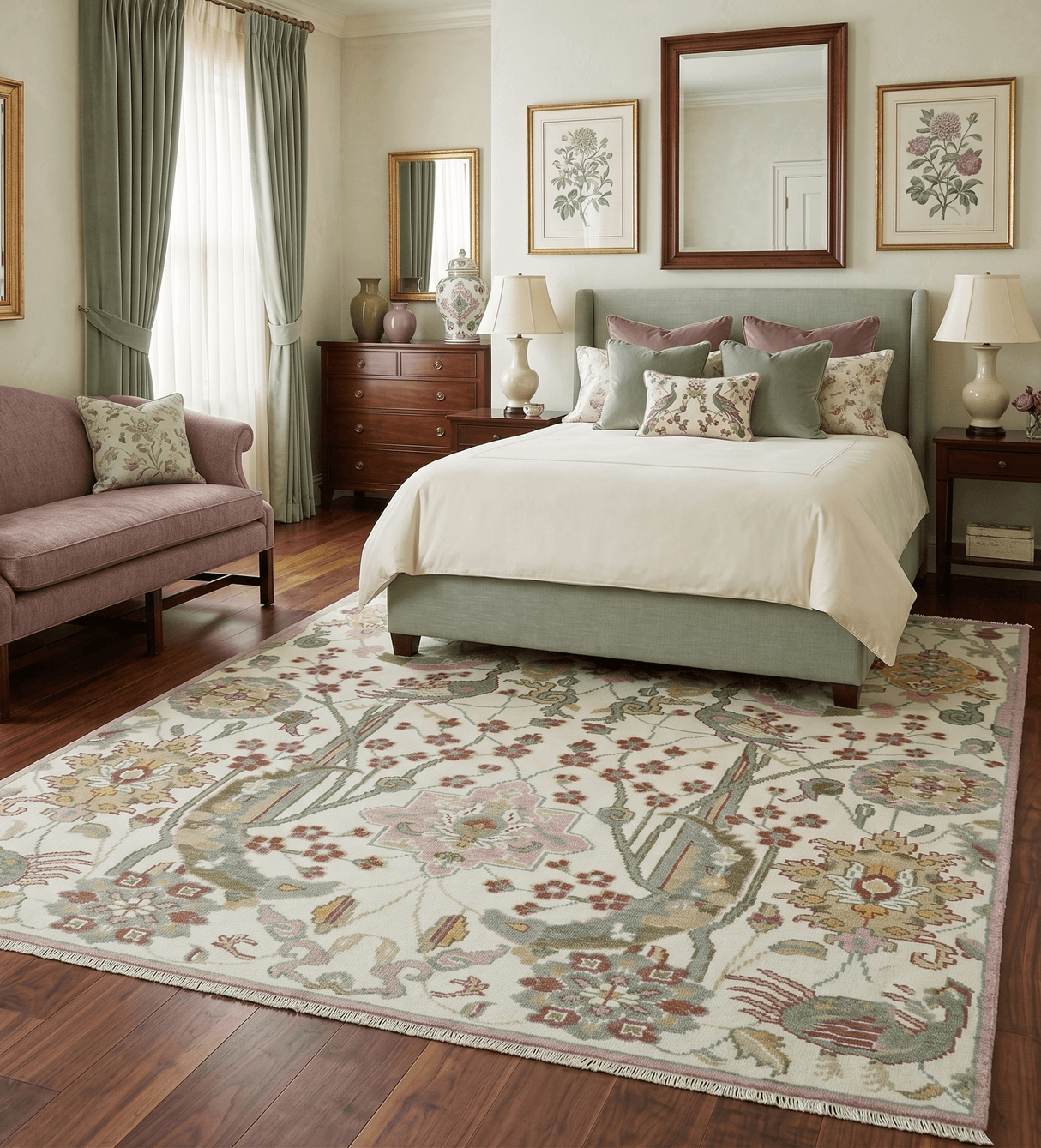 The Peacock Garden Ivory and Green Bird Hand Knotted Multi size Wool Area Rug