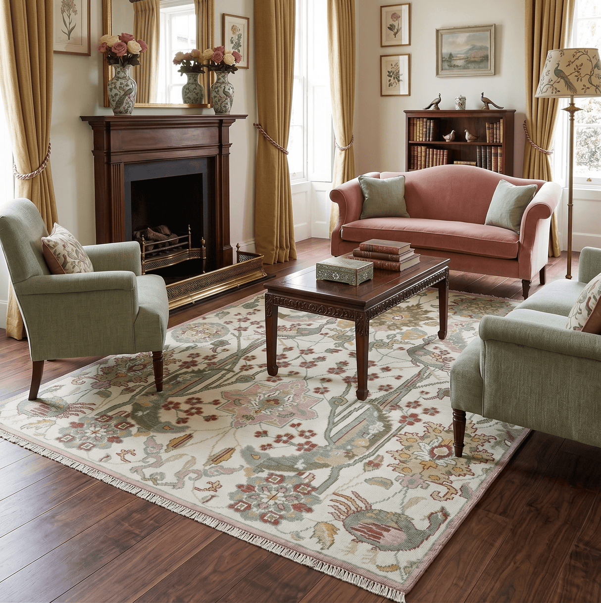 The Peacock Garden Ivory and Green Bird Hand Knotted Multi size Wool Area Rug