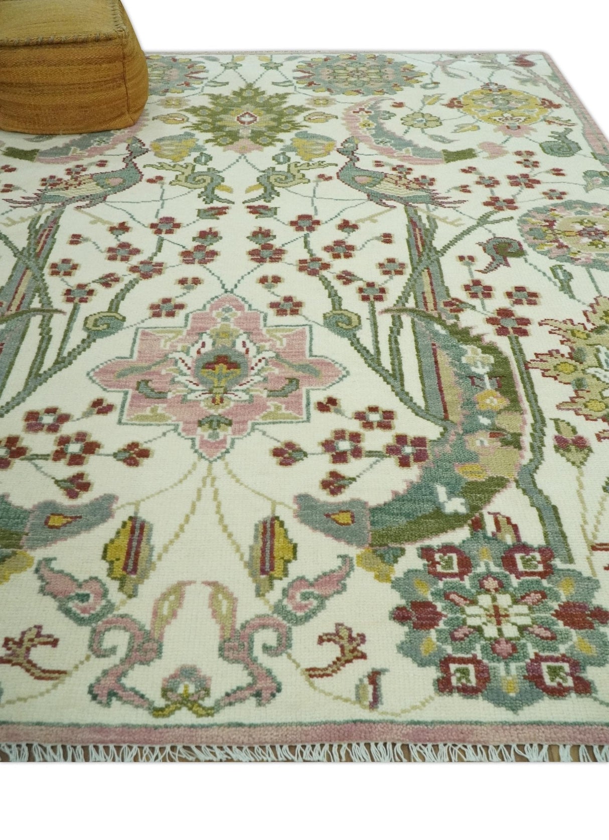 The Peacock Garden Ivory and Green Bird Hand Knotted Multi size Wool Area Rug