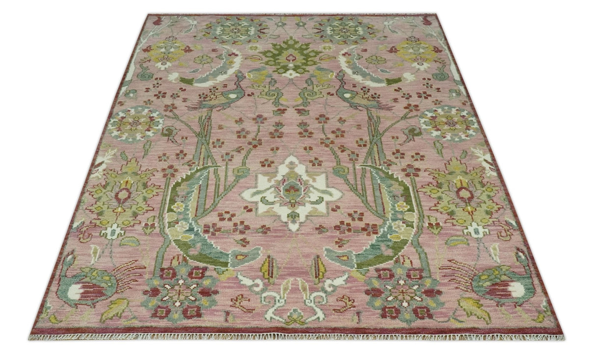 The Peacock Garden Pink and Green Peacock Bird Hand Knotted Multi size Wool Area Rug