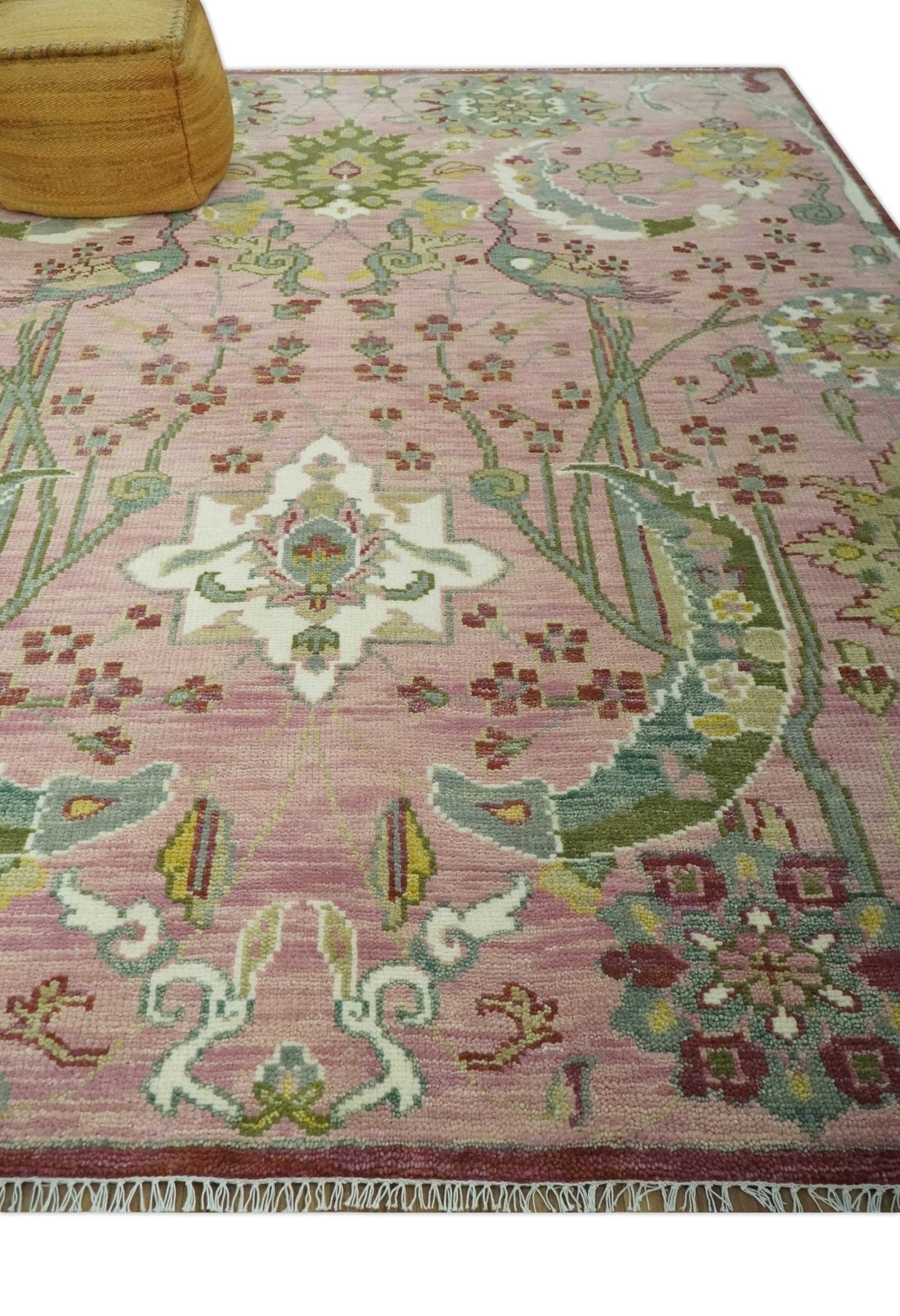 The Peacock Garden Pink and Green Peacock Bird Hand Knotted Multi size Wool Area Rug