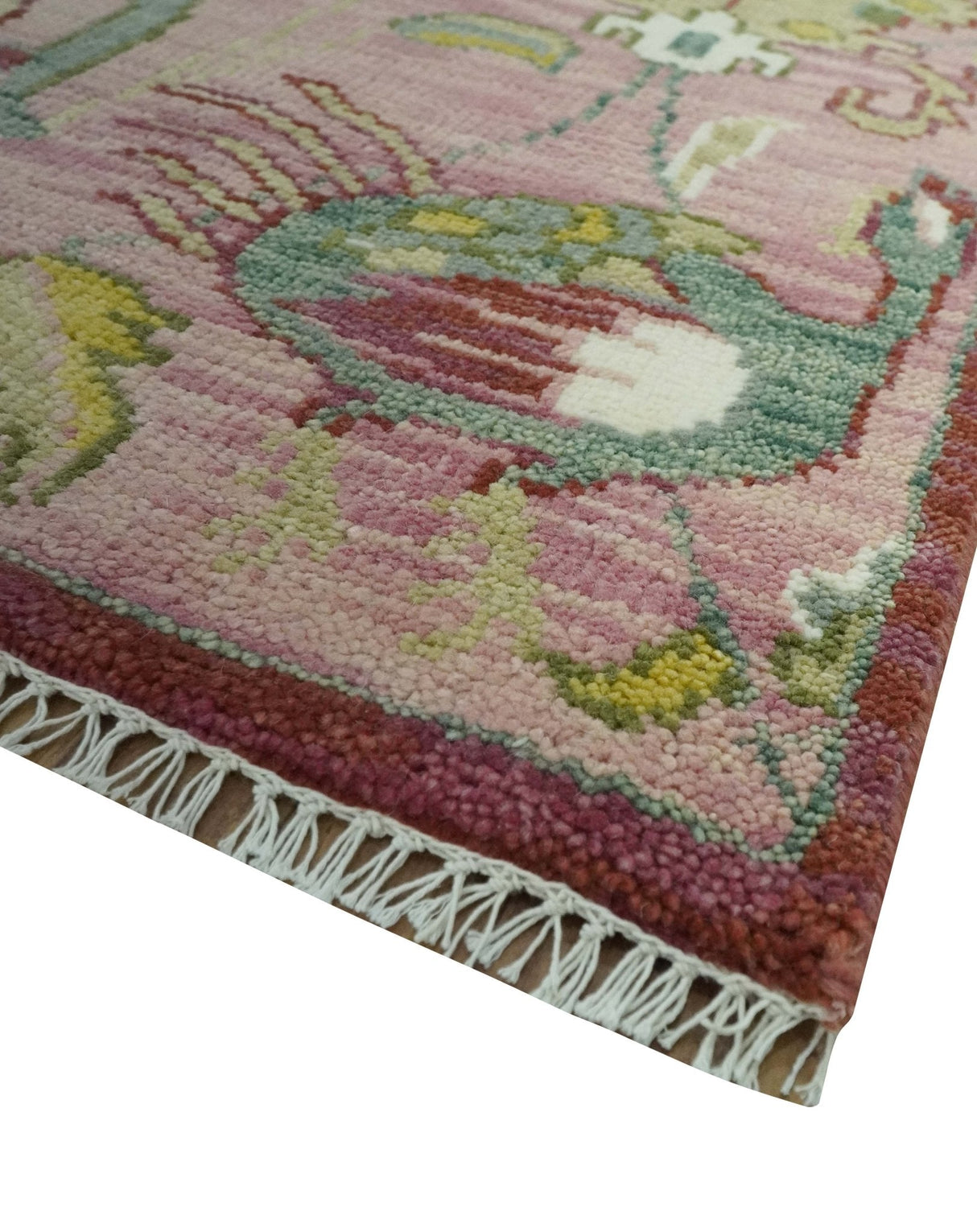 The Peacock Garden Pink and Green Peacock Bird Hand Knotted Multi size Wool Area Rug