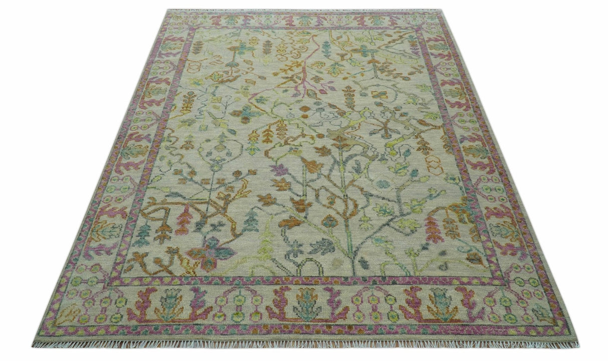 The Plants and Roots Ivory and Pink Hand Knotted Traditional Custom Made Wool Rug