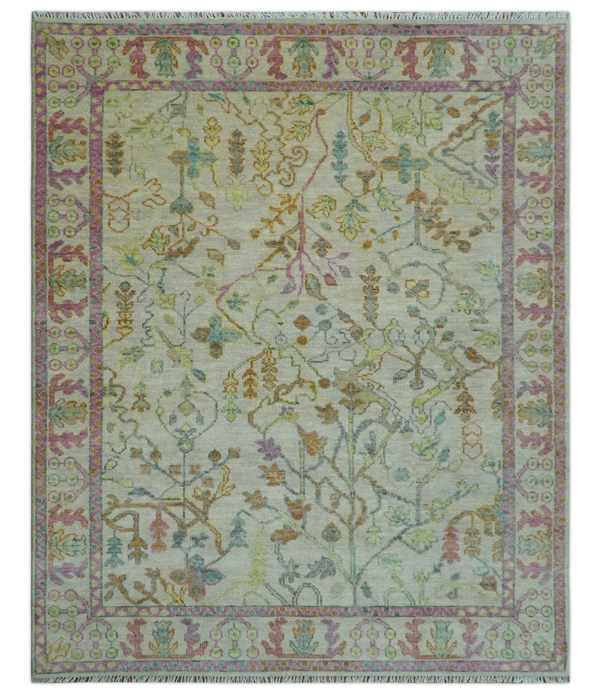 The Plants and Roots Ivory and Pink Hand Knotted Traditional Custom Made Wool Rug
