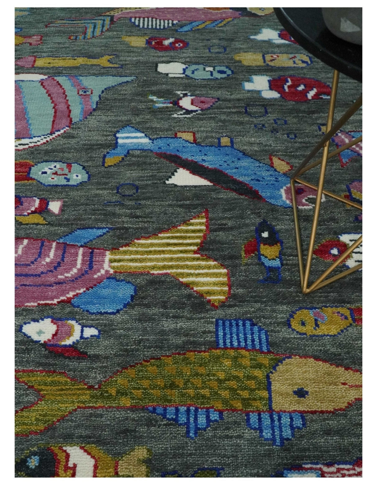 The Sea Life vibrant Colorful Fish Gray Rug Hand Knotted Multi Size Wool Area Rug