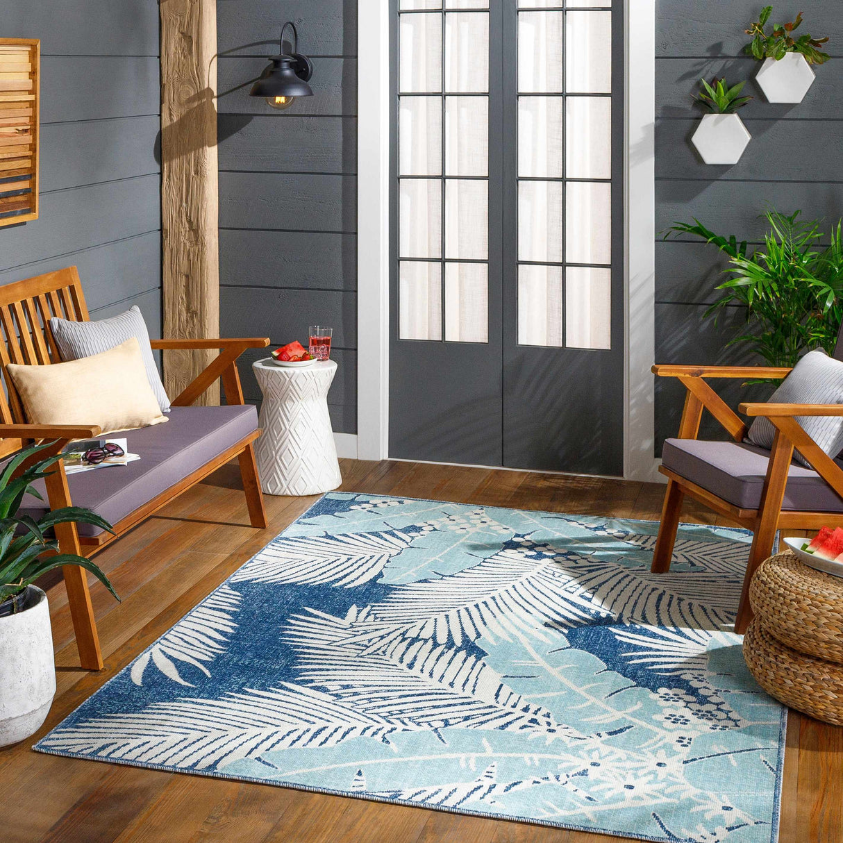 Thebarton Coastal Blue Palm Area Rug-Rugs-Parc Decor