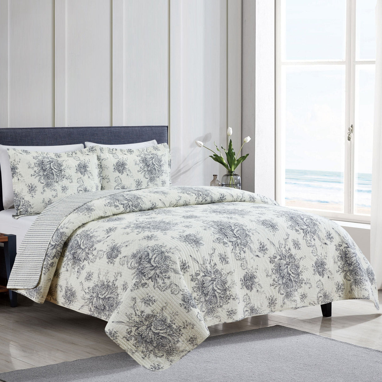 Toile Reversible Cotton Quilt Set-Quilt-Parc Decor