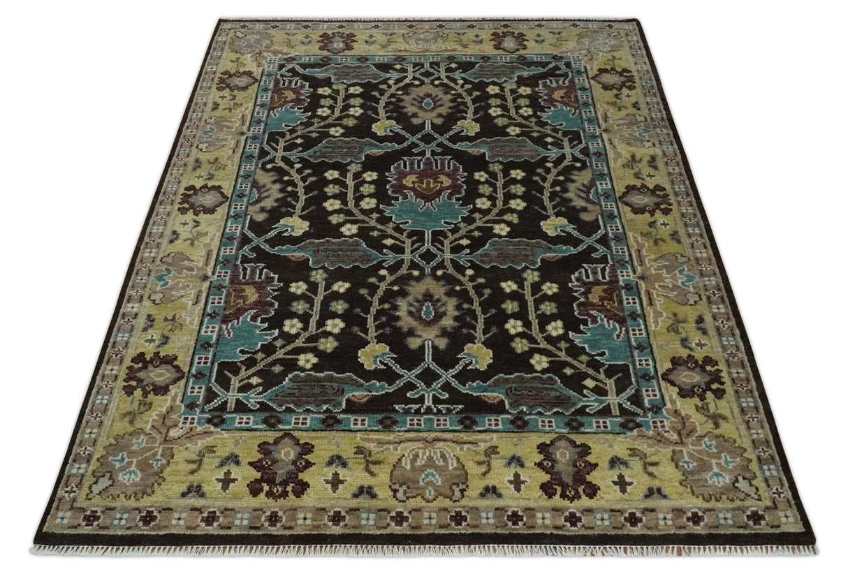 Traditional Black, Beige and Blue Antique Style Hand knotted Wool Area Rug