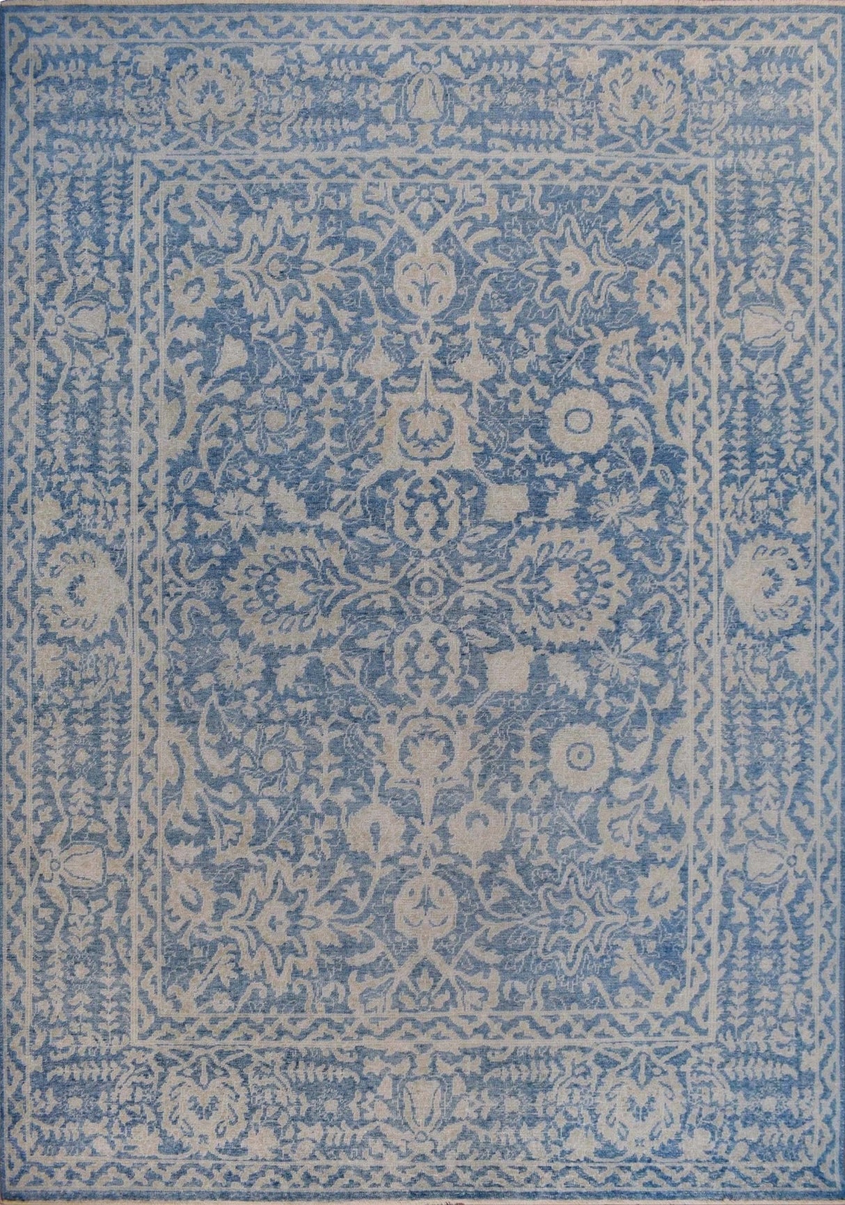 Traditional Blue and Beige Hand Knotted 8x10 Wool Area Rug