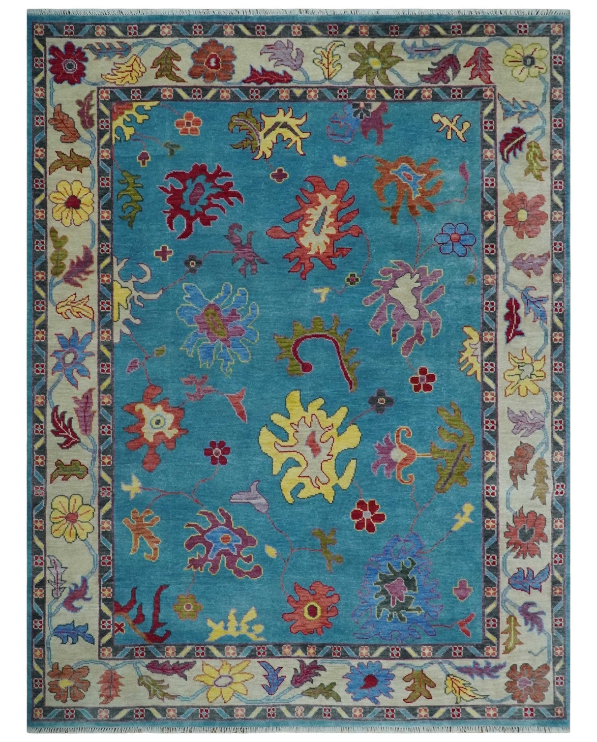 Traditional Blue and Beige Hand knotted Oushak Custom Made Wool Area Rug