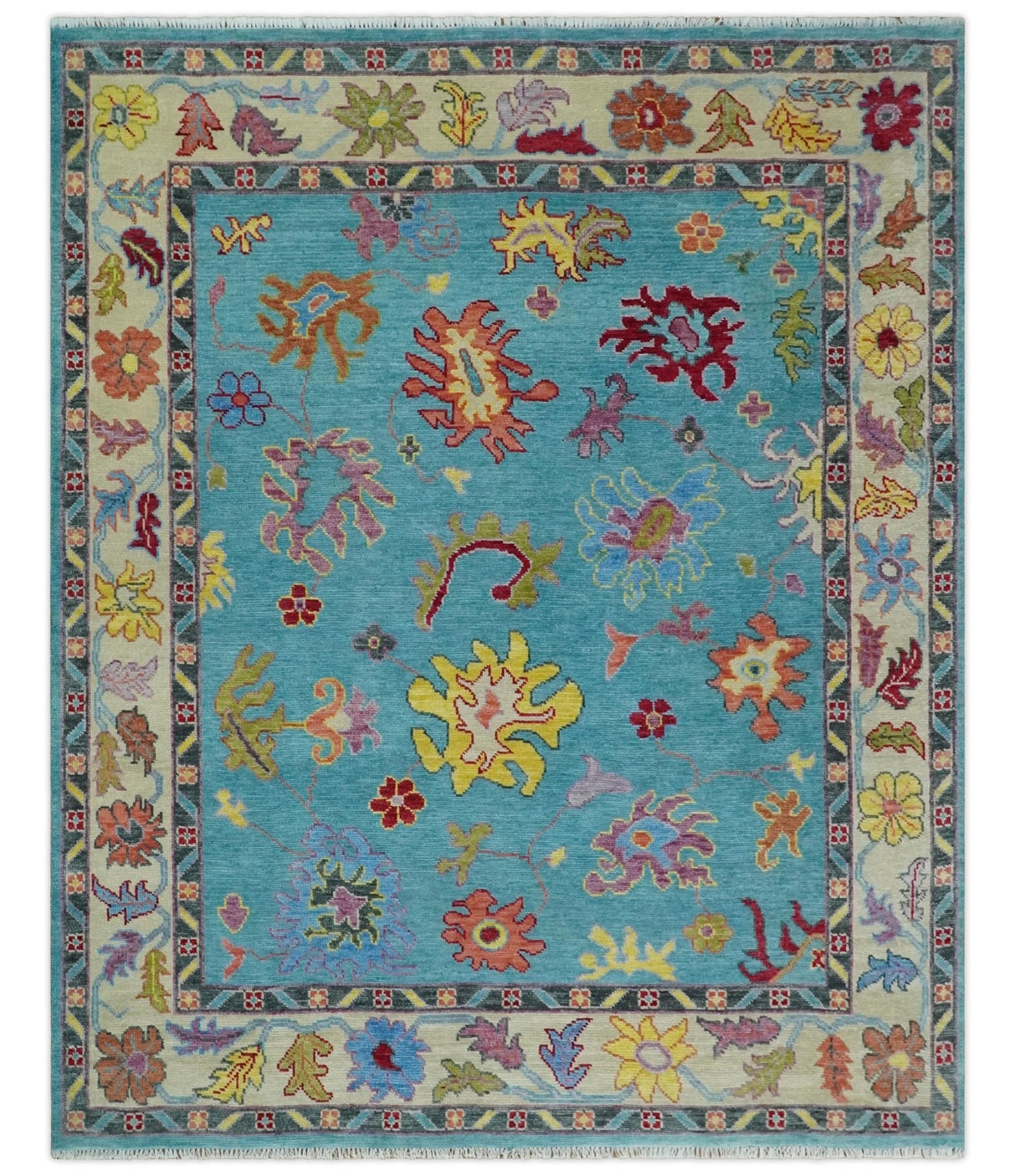 Traditional Blue and Beige Hand knotted Oushak Custom Made Wool Area Rug