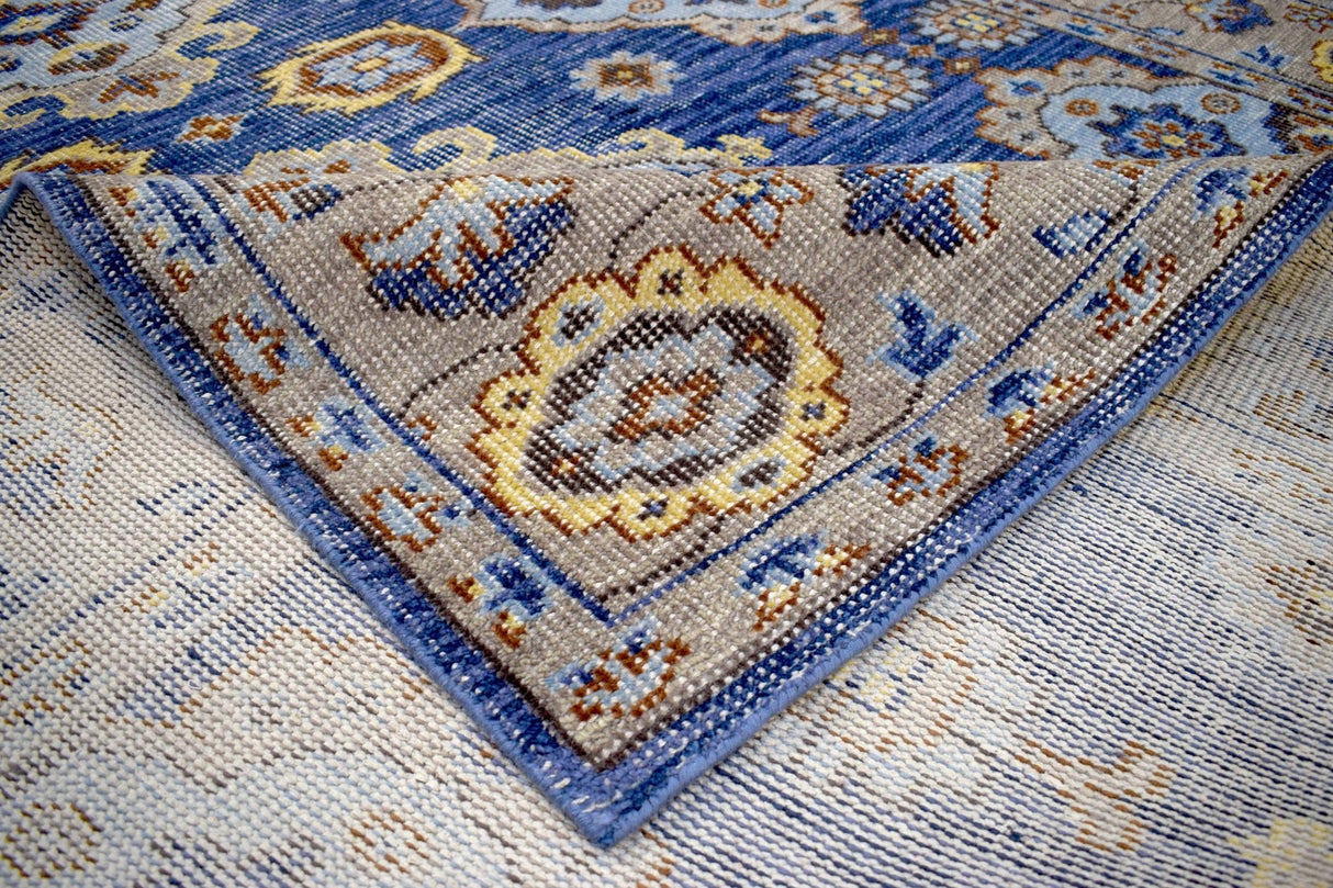 Traditional Blue and Camel Hand Knotted 8x10 Wool Area Rug