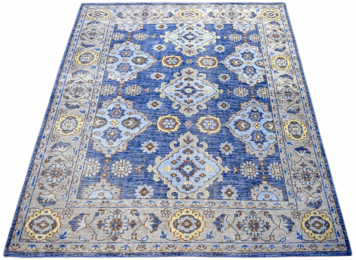 Traditional Blue and Camel Hand Knotted 8x10 Wool Area Rug