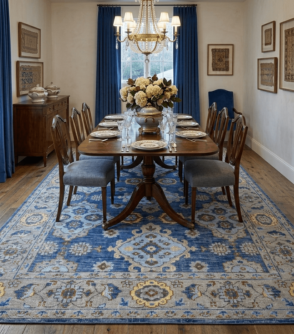 Traditional Blue and Camel Hand Knotted 8x10 Wool Area Rug