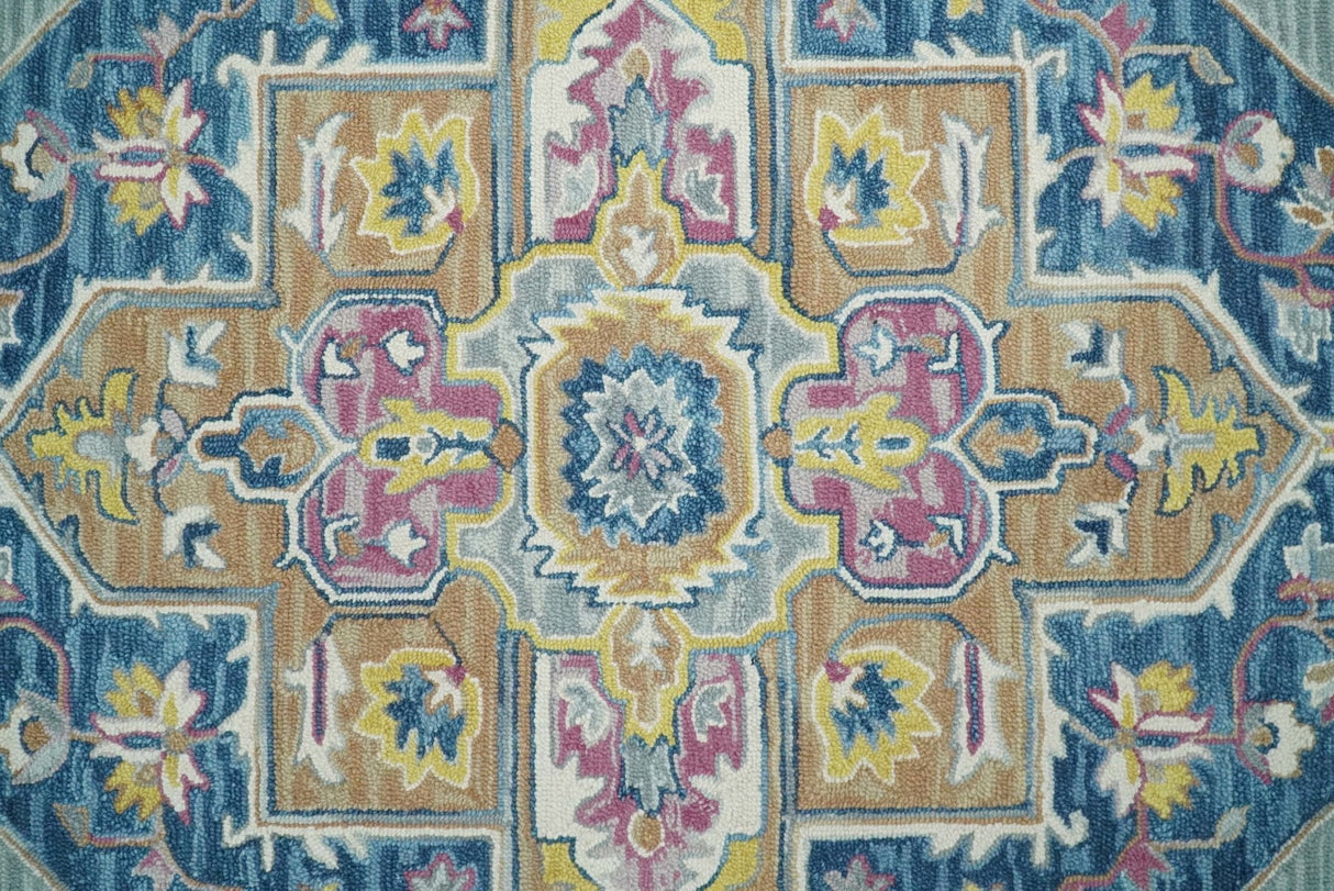 Traditional Blue and Camel Textured Loop Wool Hand Tufted Area Rug