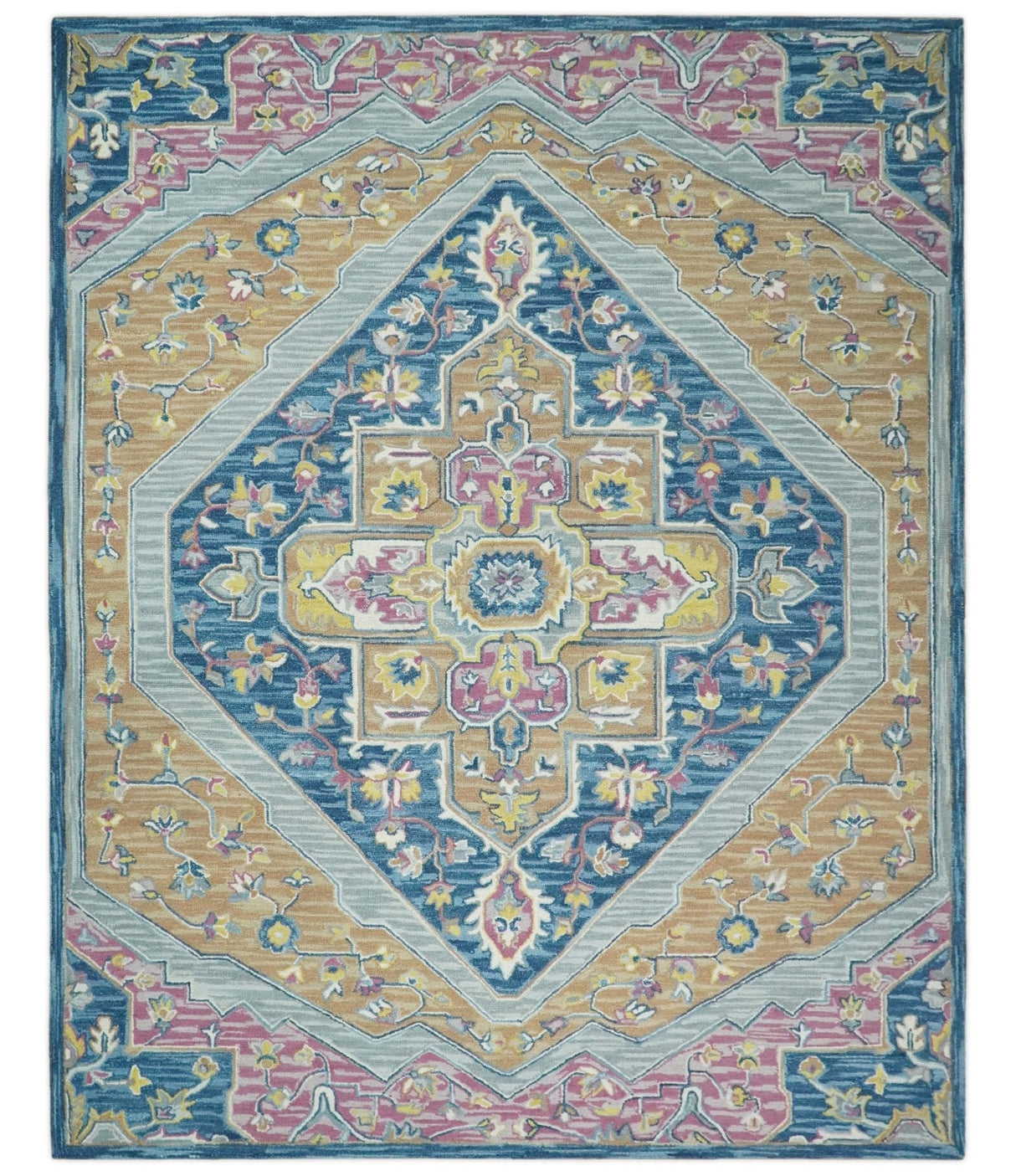 Traditional Blue and Camel Textured Loop Wool Hand Tufted Area Rug