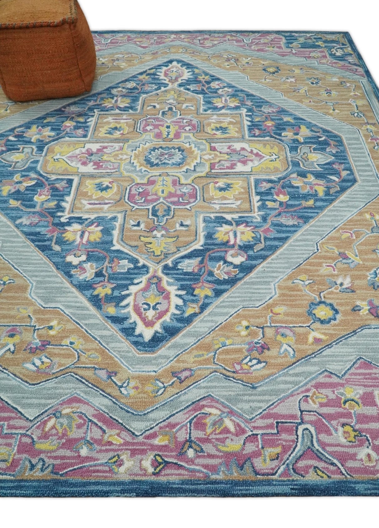 Traditional Blue and Camel Textured Loop Wool Hand Tufted Area Rug