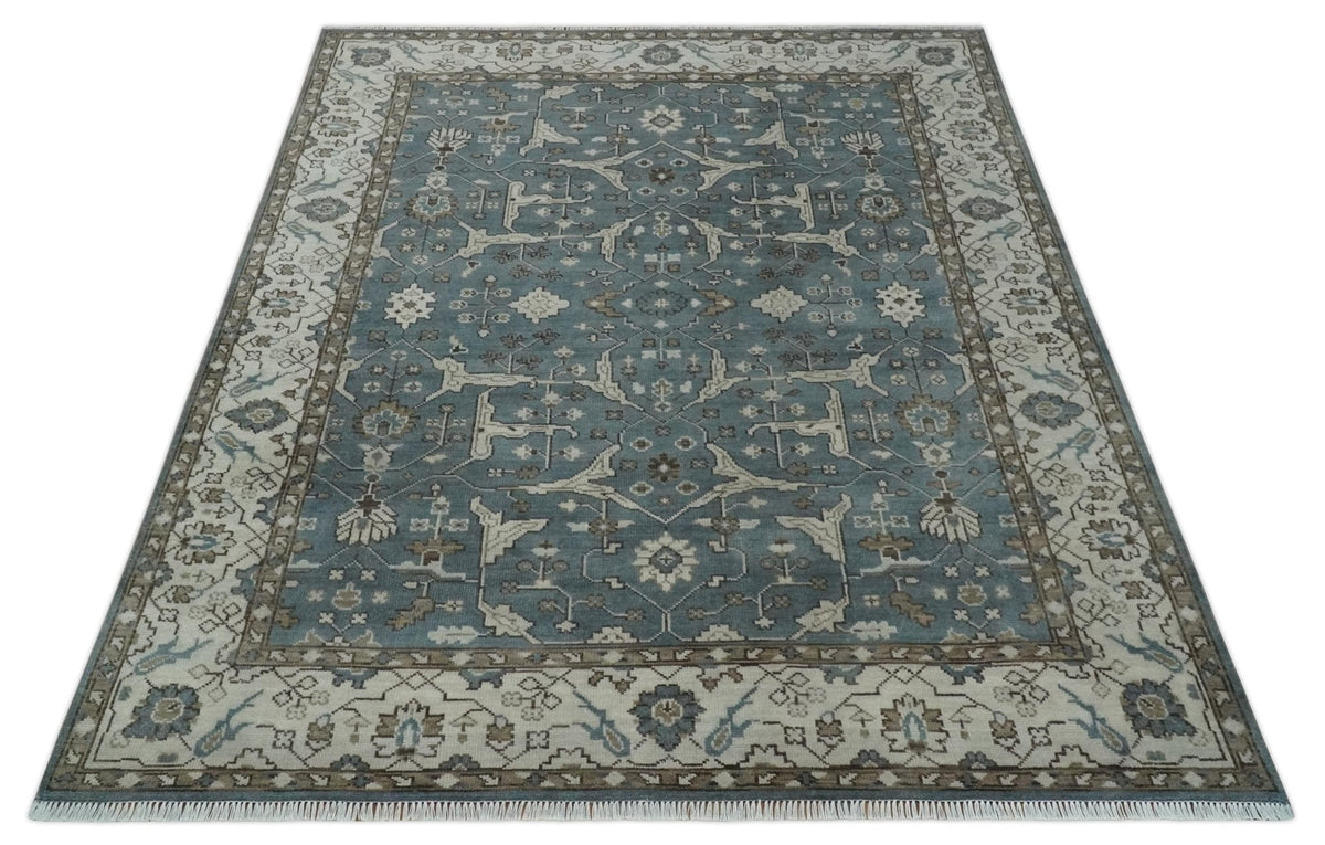 Traditional Blue, Ivory and Brown Oriental Oushak 8x10 wool Area Rug